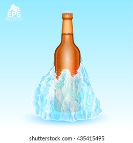 Brown bottle of beer frozen-in iceberg on blue background