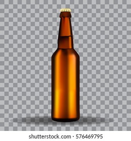 Brown bottle of beer isolated on transparency grid. Stock vector illustration