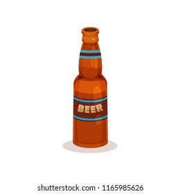 Brown bottle of beer with label. Refreshing alcoholic beverage. Flat vector element for advertising flyer or poster