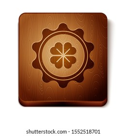 Brown Bottle cap with four leaf clover icon isolated on white background. Happy Saint Patricks day. Wooden square button. Vector Illustration