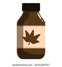 Botella marrón que contiene extracto de cannabis con un logotipo de hoja de arce se muestra sobre un fondo blanco