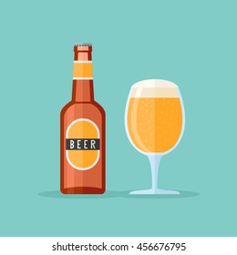 Brown bottle and glass with beer. Flat style icon. Vector illustration.