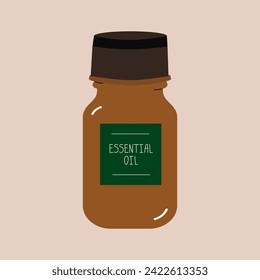 Brown bottle with lid and label for liquid essential oils. Bottle jar vector illustration