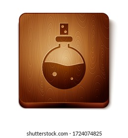 Brown Bottle with love potion icon isolated on white background. Valentines day symbol. Wooden square button. Vector Illustration