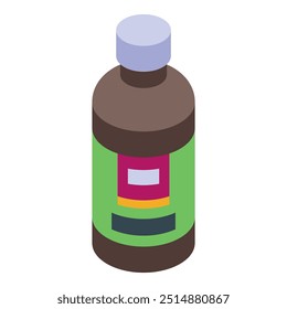 Brown bottle of medical syrup with green label isometric vector illustration isolated on white background