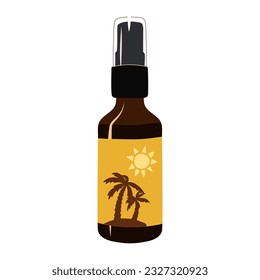 Brown bottle with realistic water droplets. Cosmetic packaging for sun protect spray, suntan oil and Other Product. Isolated Vector illustration.Plastic Pack Template Ready For Your Design.