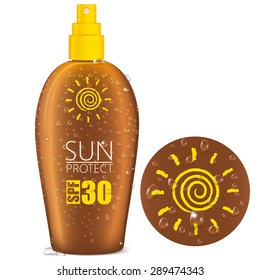 Brown bottle with realistic water droplets. Cosmetic packaging for sun protect spray, suntan oil and Other Product. Isolated  Vector illustration.Plastic Pack Template Ready For Your Design.