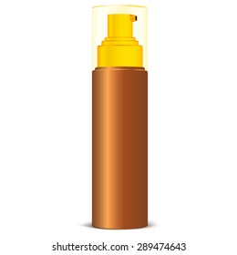 Brown Bottle Spray Cosmetic Packaging for Sun Protect Spray, Suntan Oil and Other Product. Isolated on a white background. Vector illustration.  Plastic Pack Template Ready For Your Design.