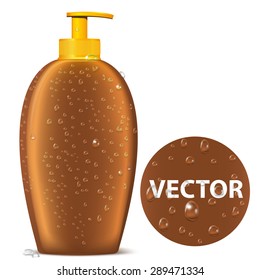Brown Bottle Spray with Realistic Water Droplets. Cosmetic Packaging for Spray Product,  Oil and Other Product. Isolated Vector illustration. Plastic Pack Template Ready For Your Design.