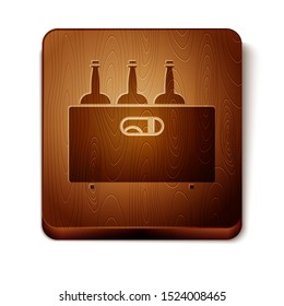 Brown Bottles of wine in a wooden box icon isolated on white background. Wine bottles in a wooden crate icon. Wooden square button. Vector Illustration