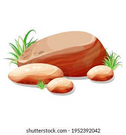 Brown boulders, stones with grass, natural landscape. Vector illustration isolated on white background.