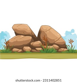 Brown bouldes with grass , natural landscape vector Illustration on a white background. Construction, design element for game, boulder.