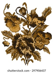 Brown bouquet of flowers (poppies and pansies) using traditional Ukrainian embroidery elements. Can be used as pixel-art. Sepia tones.