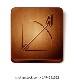 Brown Bow and fire arrow icon isolated on white background. Wooden square button. Vector Illustration