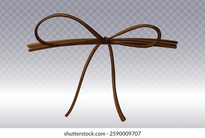 Brown bow tied with natural fibers or thin twine, featuring realistic shading and texture. Handcrafted, rustic look, perfect for decorative elements, packaging, or crafting-themed designs.