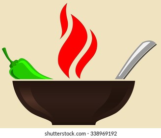 brown bowl with green hot chili pepper and flames burning soup vector illustration