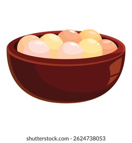 Brown bowl is overflowing with delicious tangyuan dumplings, a traditional chinese dessert served during the lantern festival