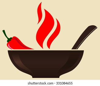 Brown Bowl With Red Hot Chili Pepper And Flames Burning Soup Vector Illustration