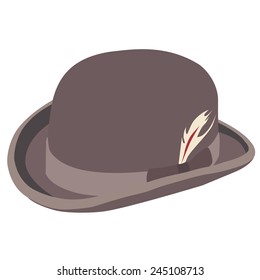 Brown bowler hat with feather vector isolated, gentlemen hat, vintage hat