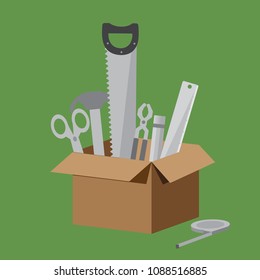 Brown Box of equipment collection on light green background. Include Scissors, Hammer, Saw, Pliers, Pencil, Ruler and Measuring Tape. For any career of craft and construction etc. engineer craftman or