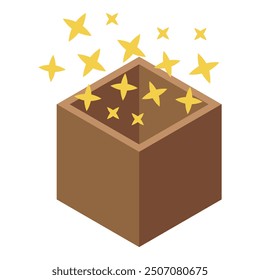 Brown box overflowing with shining gold stars, representing the concept of magic, surprise, and wonder