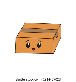 brown box vector illustration on white background. closed box icon with eyes and smiley face. cute emoticon, kawaii box. hand drawn vector. doodle for logo, sticker, cover, poster, banner, clipart. 
