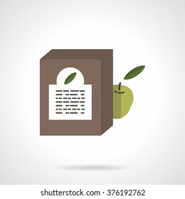Brown box with white label and green apple. Organic food, baby nutrition, vegetarian menu. Vector icon flat color style. Web design element for site, mobile and business.