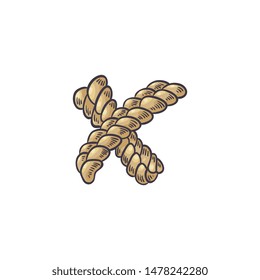 Brown braided rope in form of cross for fixing or attaching something in sketch style - hand drawn design element of natural textile cord in vector illustration isolated on white background.