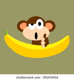 Brown brave monkey character powerfully hit yellow banana fruit