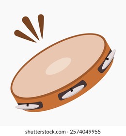 Brown brazilian carnival tambourine, traditional percussion musical instrument. Music, party, celebration, samba, festive flat icon. Editable EPS vector.