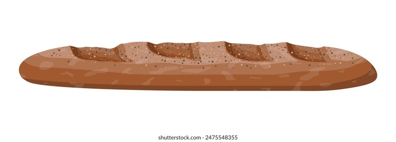 Brown bread loaf. Rye bread roll baguette. Baked food. Bakery shop. Vector illustration in flat style