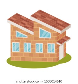 Brown brick modern house with an unusual roof. Vector illustration.