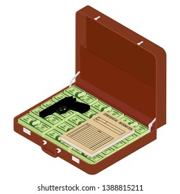 Brown briefcase with million dollars, top secret documents and gun inside isometric view