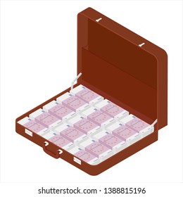 Brown briefcase with million euro isometric view