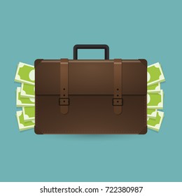 Brown briefcase with money. Vector illustration.