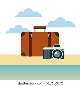 brown briefcase with photographic camera on beach landscape. colorful design. vector illustration