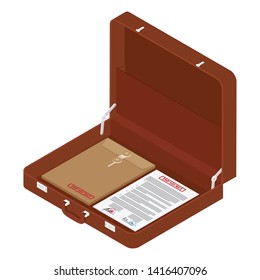 Brown briefcase with top secret documents isometric view