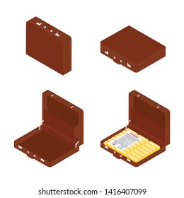 Brown briefcase with top secret documents and golden bars isometric view. Empty opened and closed briefcase, diplomat set, collection