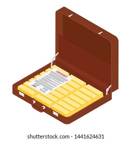 Brown briefcase with top secret documents and golden bars isometric view