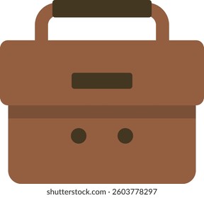Brown briefcase with two circular buttons and a dark brown rectangular label on the upper front side, ideal for carrying documents and work materials.