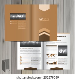 Brown brochure template design with arrows in the center. Cover layout