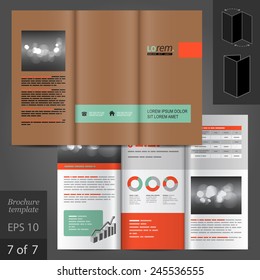 Brown brochure template design with green and orange elements. Cover layout