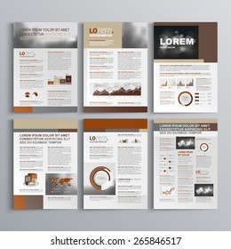 Brown brochure template design with square shapes. Cover layout and infographics