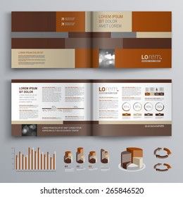 Brown brochure template design with square shapes. Cover layout and infographics