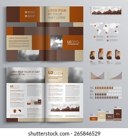 Brown brochure template design with square shapes. Cover layout and infographics