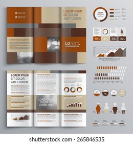 Brown brochure template design with square shapes. Cover layout and infographics