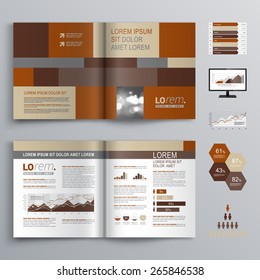 Brown brochure template design with square shapes. Cover layout and infographics