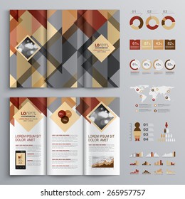 Brown brochure template design with triangle pattern. Cover layout and infographics