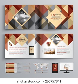 Brown brochure template design with triangle pattern. Cover layout and infographics