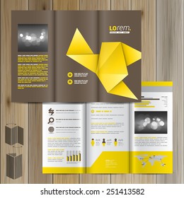 Brown brochure template design with yellow origami paper. Cover layout